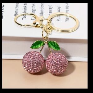 Sparkling Pink Cherry Keychain with Green Enamel Leaves
